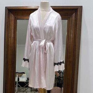 Linea Donatella Light Pink Satin Robe with Black Lace Cuffs